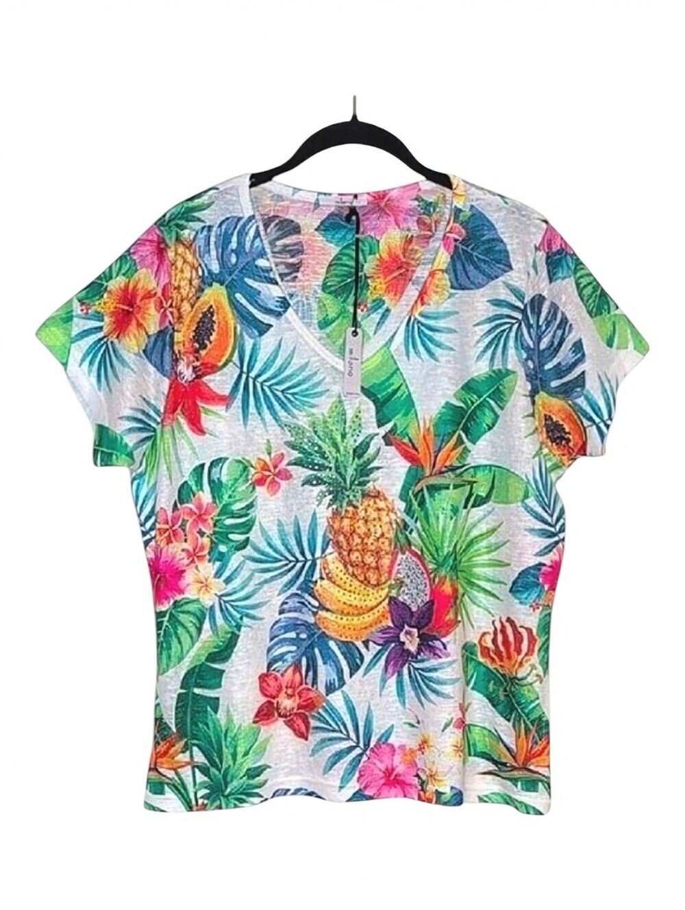 Milano Rhinestone Embellished Colorful Tropical Print Womens SS Top XL